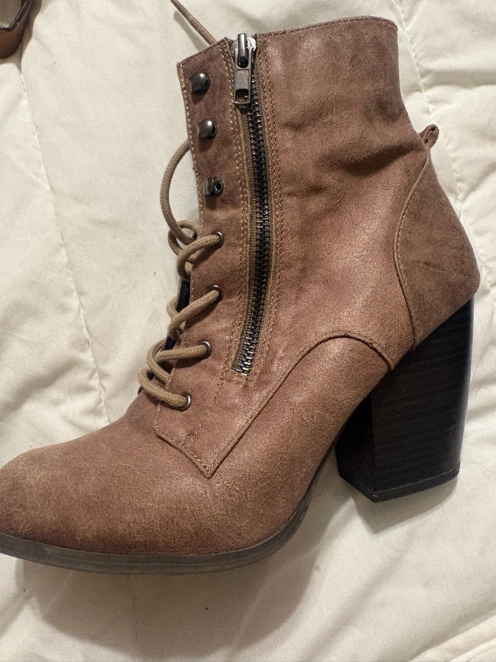 Women's Taupe Suede Lace-Up Ankle Boots with Side Zip